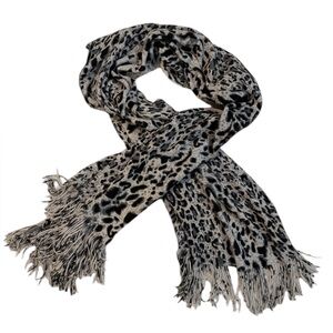 RIKKA Leopard Print‎ Fringe Scarf – Gray & Black – 72” x 25”